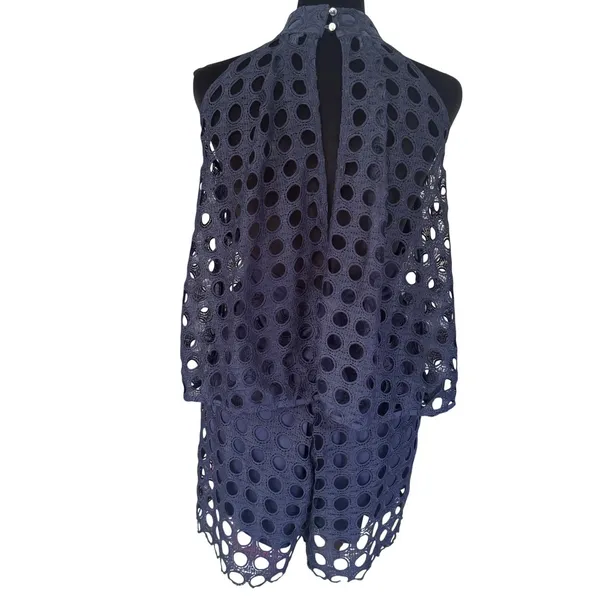 Navy Blue Eyelet‎ Lace Halter Romper High Neck Open Back Scalloped Hem Navy 0236 - Image 4
