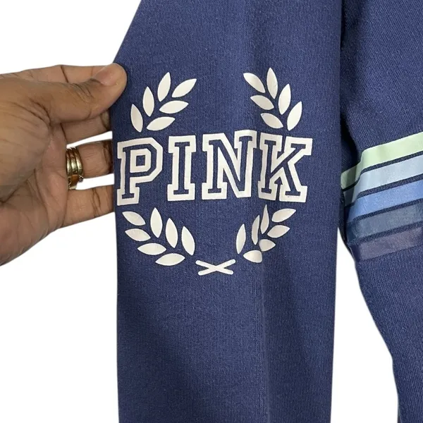 Victoria's Secret PINK Sweatshirt Navy Blue Striped Logo Pullover - Size Large - Image 3