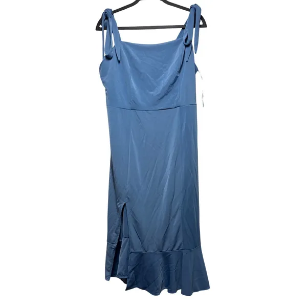 Blue Tie Shoulder Ruffle Hem Midi Dress 2XL Sleeveless Slit Cocktail Party - Image 2