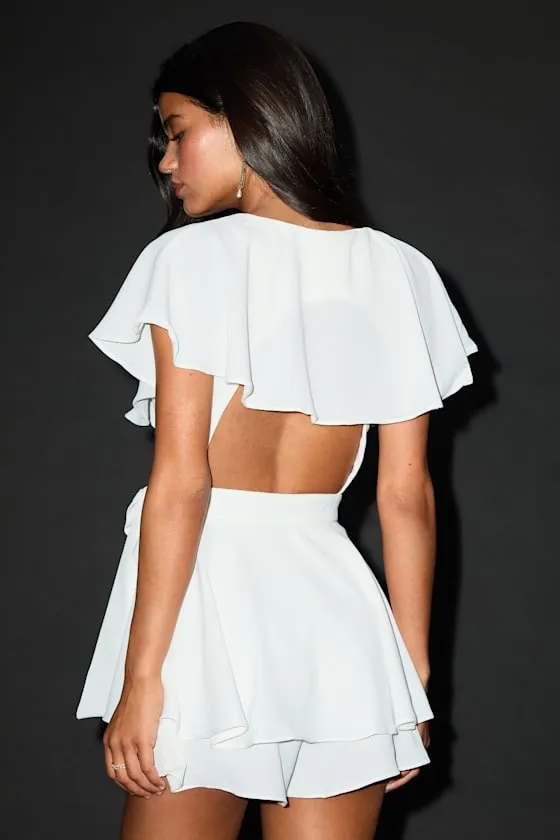 Lulus Aldrin White Ruffled Backless Wrap Skort Romper - Image 3