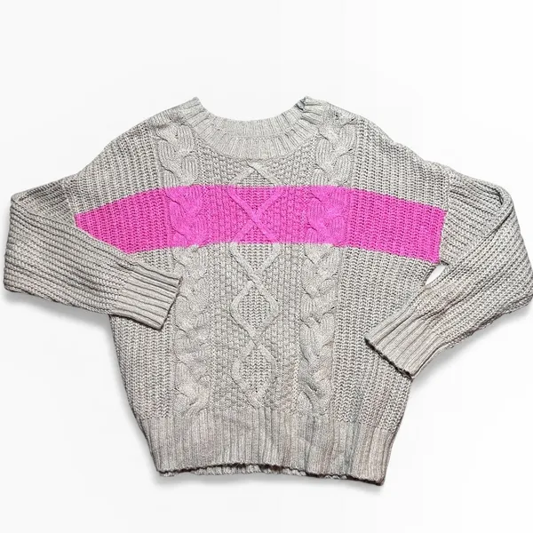 American Eagle Cable Knit Sweater‎ Tan Pink Stripe Medium Cozy Fisherman Baggy - Image 2