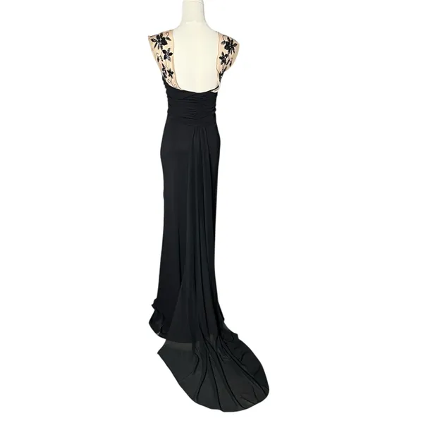 Vintage Cache Illusion Neckline Floral Beaded Mesh Waist Full Length Gown - Image 3