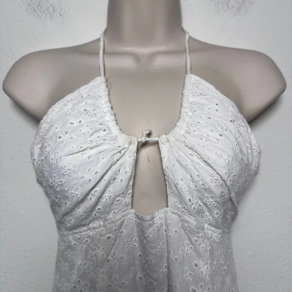 Tiger Mist Women Cotton Eyelet Halter Mini Dress Small White Ruched Boho‎ Resort - Image 2