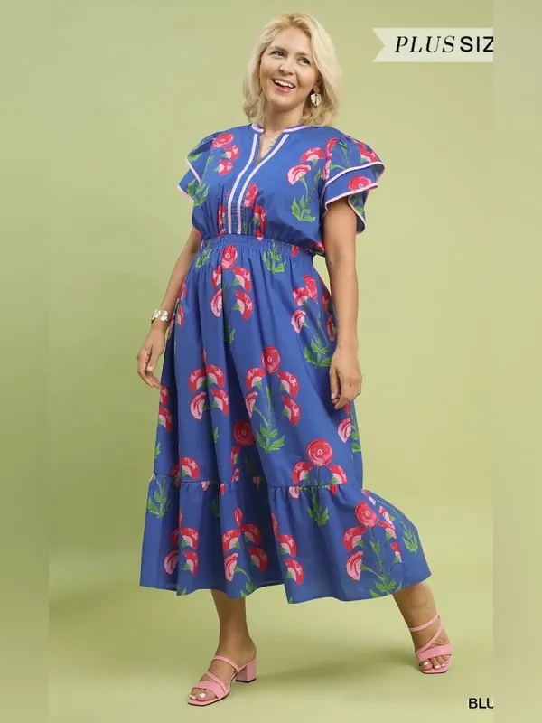 New! Umgee Plus Size Floral Blossom Meadow Print Pedal Sleeve Midi Dress Size 1X - Image 2