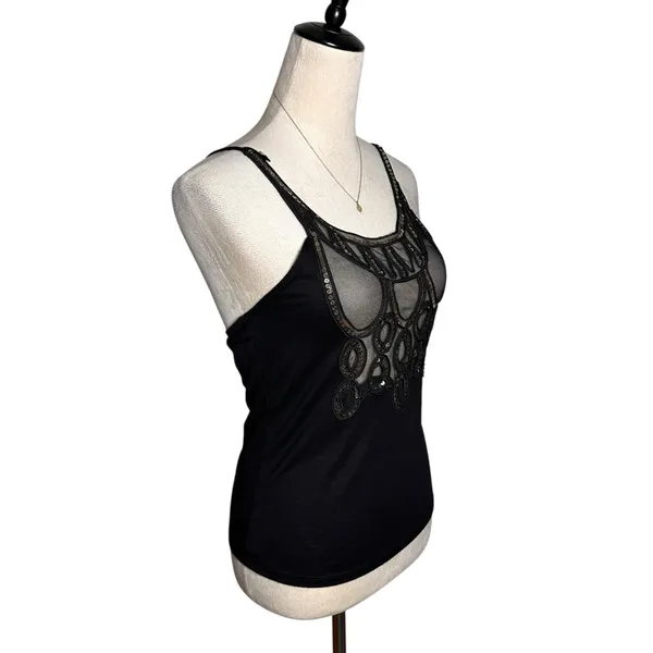 Black Sheer Mesh Embellished‎ Tank Top Boho Festival Goth Y2K Spaghetti Strap - Image 2