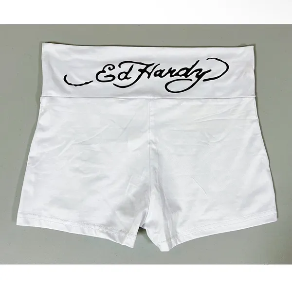 Ed Hardy White ‘Love Kills Slowly’ Skull Graphic Y2K Fold Over Shorts Bottoms Size S 🌹✨ - Image 4