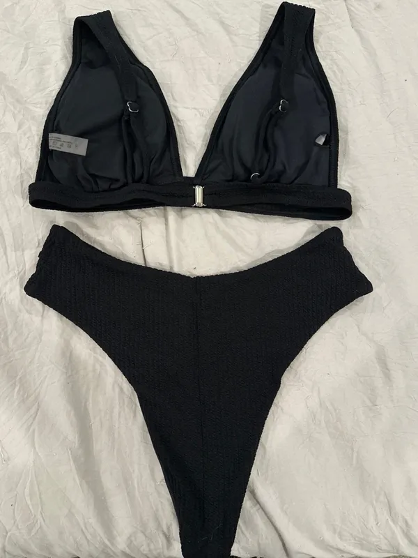 SHEIN Black Ribbed V-Waist Bikini Set - Women Swim - Image 2
