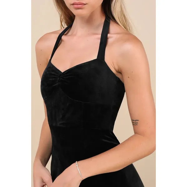Lulus Luxurious Statement Black Velour Halter Mermaid Maxi Dress Size XS Formal - Image 3
