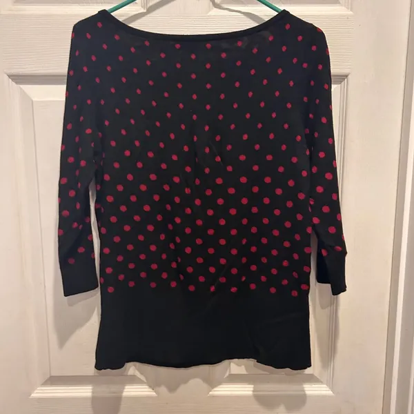 White House Black Market WHBM Black Red Polka Dot 3/4 Sleeve‎ Knit Top Large Mod - Image 5