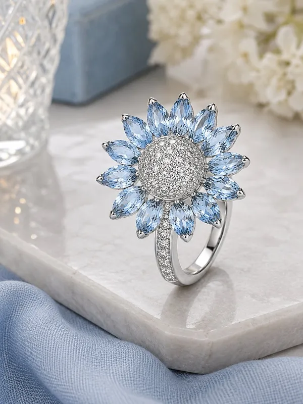 Sunflower Statement Ring Blue CZ Crystal Petals Silver Tone Size 10 NWT - Image 4