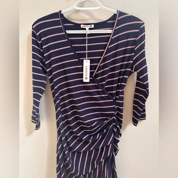 NEW Anthropologie Sundry Fabian Faux Wrap‎ Striped Shirt Dress Women’s 1/S Navy - Image 7