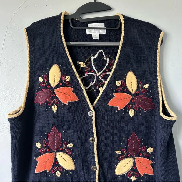 Vintage Hand Embroidered Leaf Sweater Vest Fall Cottage Grandma Whimsy 2003 - Image 4