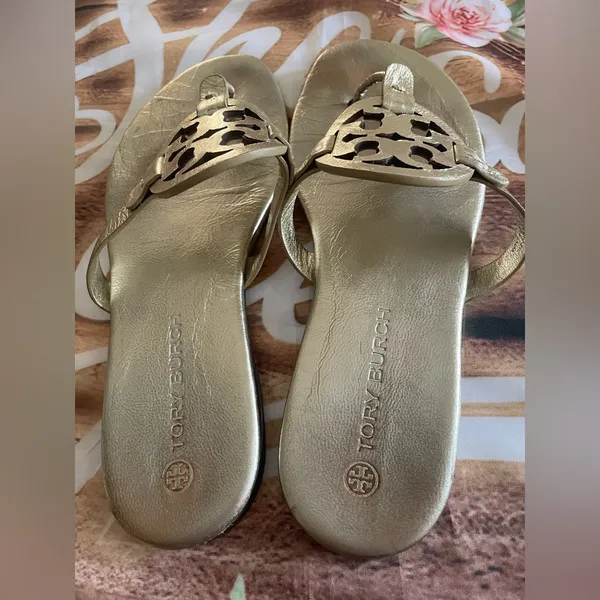 Tory Burch Gold Miller Sandals with Signature Medallion - Image 3