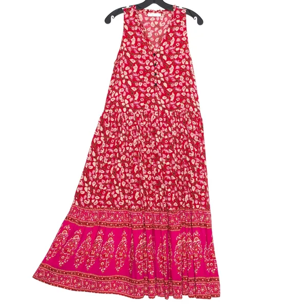 Floral Maxi Sundress Tiered Flowy Red Cottagecore Prairie Peasant Festival M - Image 4