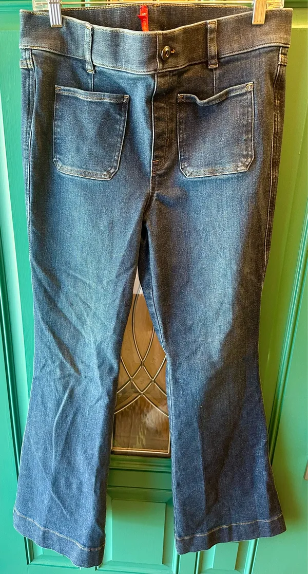 Spanx Authentic 360 Easy Flare Jeans High Rise Front Patch Pocket Blue Large - Image 3