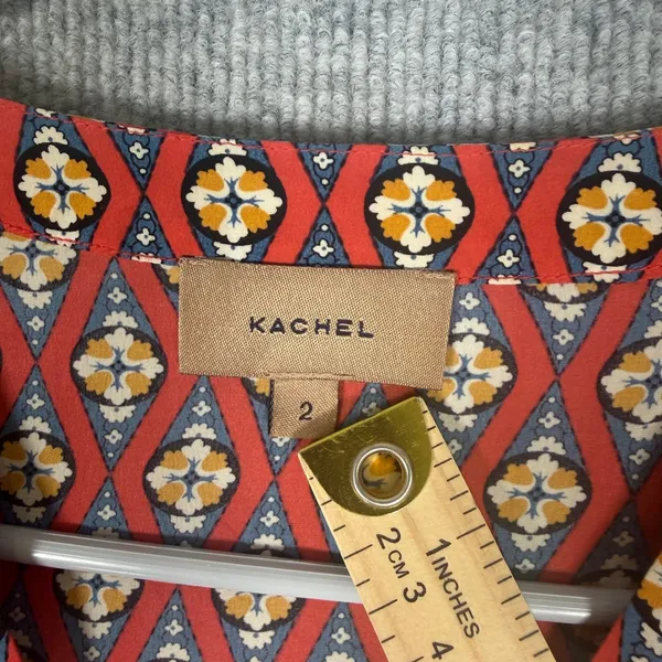 Kachel Size-2 Blouse Red Blue Geometric Diamond 100% Silk Smocked - Image 3