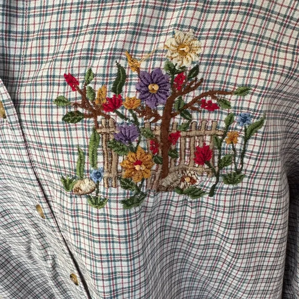 Vintage Embroidered beaded‎ Plaid Shirt 18W – Squirrel Garden Scene Cotton Top - Image 5