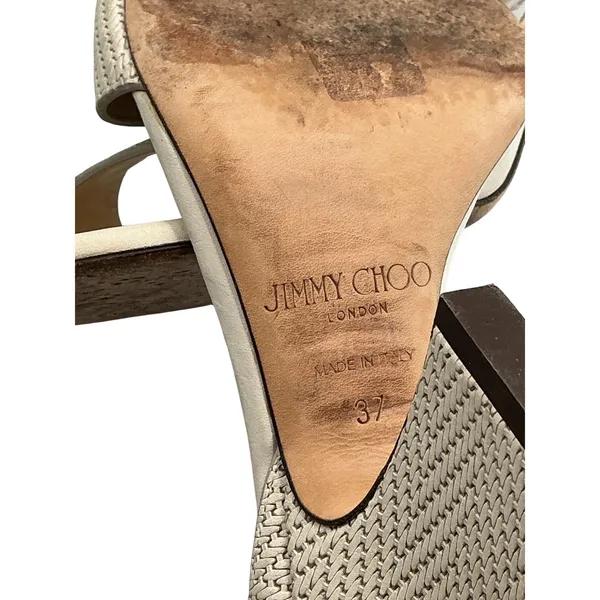 Jimmy Choo Woven‎ Ankle Strap Block Heel Sandals Beige IT 37 Made in Italy - Image 6