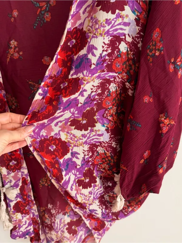 Intimately Free People Bali Wrapped in Blooms Shawl Kimono Burgundy Floral OS - Image 2