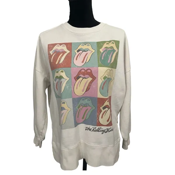 The Rolling Stones Pop‎ Art Tongue Graphic Sweatshirt Off White XS Oversized - Image 3