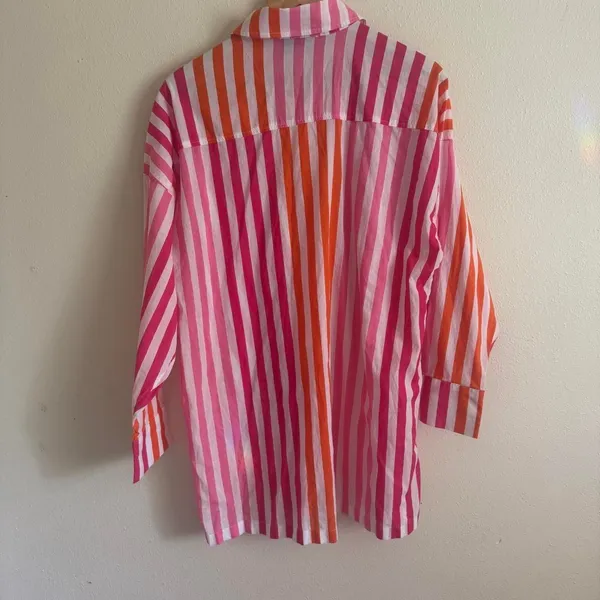 Beach Riot Revolve Alexa Pink Orange Stripe Cotton Button Down Swim Cover Up - Image 3