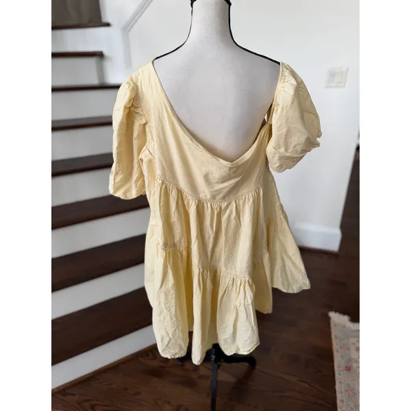 Showpo Light Yellow Asymmetric Off Shoulder Puff Sleeve Tiered Mini Swing Dress - Image 3