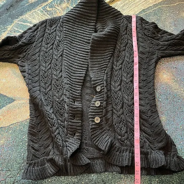 Vintage Lauren Ralph Lauren Black Cotton Puff-Sleeve Button Front Cardigan M Y2K - Image 12