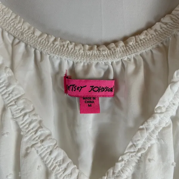 Betsey Johnson White Swiss Dot Midi Dress Smocked Waist Tiered Ruffle Milkmaid M - Image 3