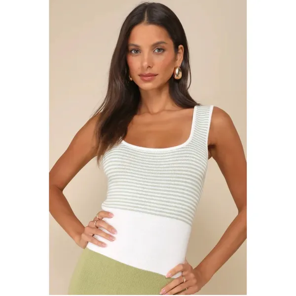 Lulus Women Dress Small Sage Green White Striped Knit Maxi Dress Coastal Chic - Image 11