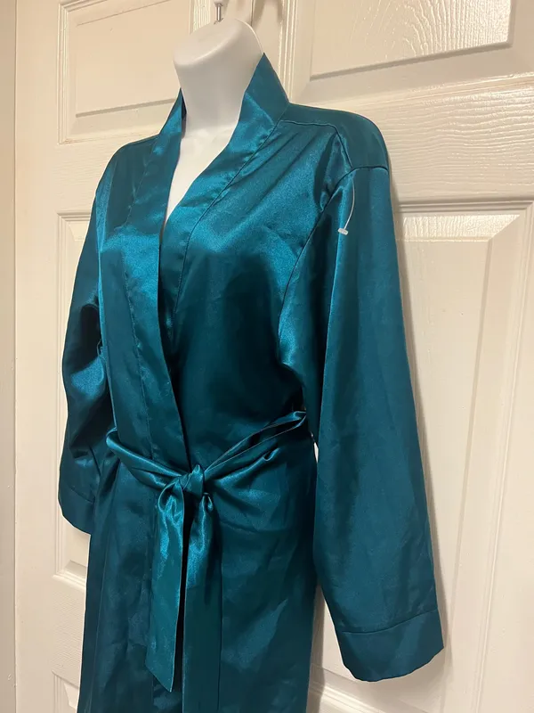 Icollection Teal Short Satin Robe Blue Size L - Image 3