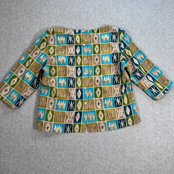 Jordan Vintage 3/4 Sleeve Blouse Womens Large Button Back Square Neck Green/Blue - Image 7