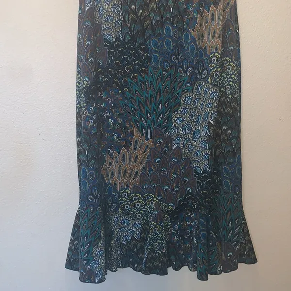 Miss Ashley Peacock Print Ruffle Bottom Stretchy Maxi Office Skirt - Image 3