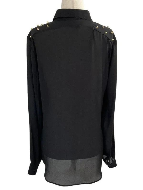 Forever 21 Women Size Medium Button Up Shirt Studded Lightweight Black #14-85E - Image 3