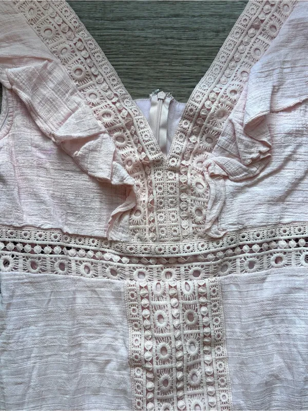 Pale Pink Eyelet Ruffle Coquette Mini Dress Femenine Cottagecore Gatherings Sz L - Image 4
