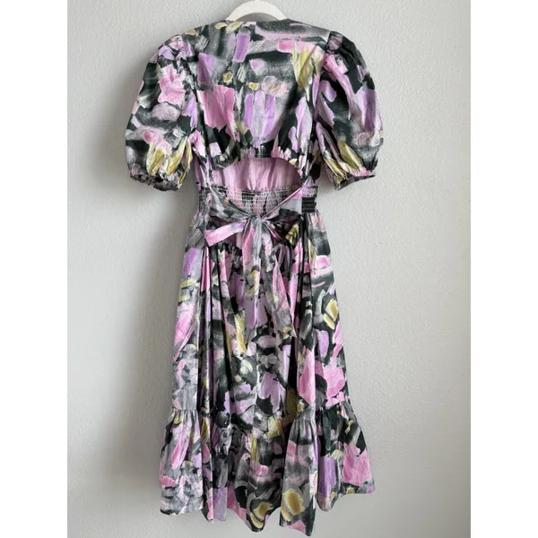 PINCH Watercolor Abstract Floral Midi Dress Smocked Puff Sleeve V-Neck Pink Sz M - Image 8