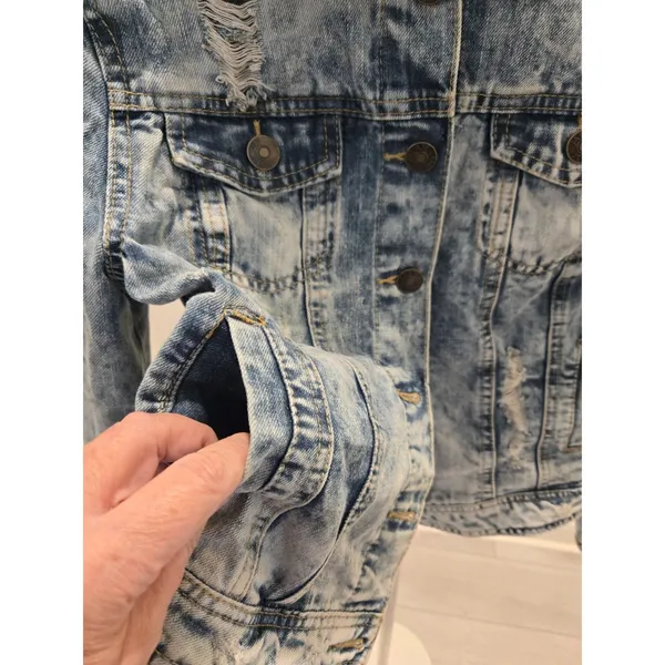 Garage Jalate XL Vintage Blue Acid Wash Distressed Denim Jacket Women Shrunken Crop - Image 5