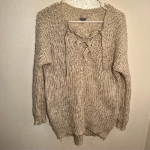 Aerie Womens Size Small Oversized Lace-Up Pullover Sweater Tunic Oatmeal Heather - Image 3