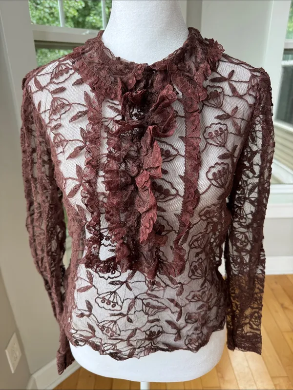 Vintage Brown Floral Lace Ruffle Blouse - Image 2