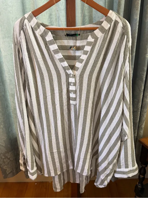 Women’s Striped Button Henley Shirt - White and Olive - Image 2