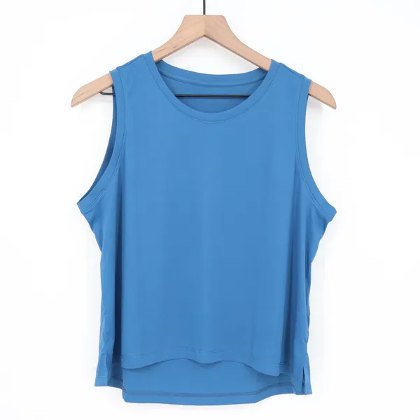 Tank Top Womens Blue Side Slit High Low Hem Crew Neck Running Yoga Activewear - Image 2