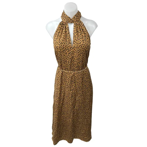 Banana Republic Brown Silky Satin Sleeveless Leopard Print Midi A Line Dress XS - Image 3
