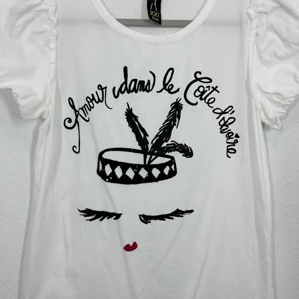 Forever 21 Y2K White Graphic Tee with Puff Sleeves French Dancer Beaded Size Medium - Image 2