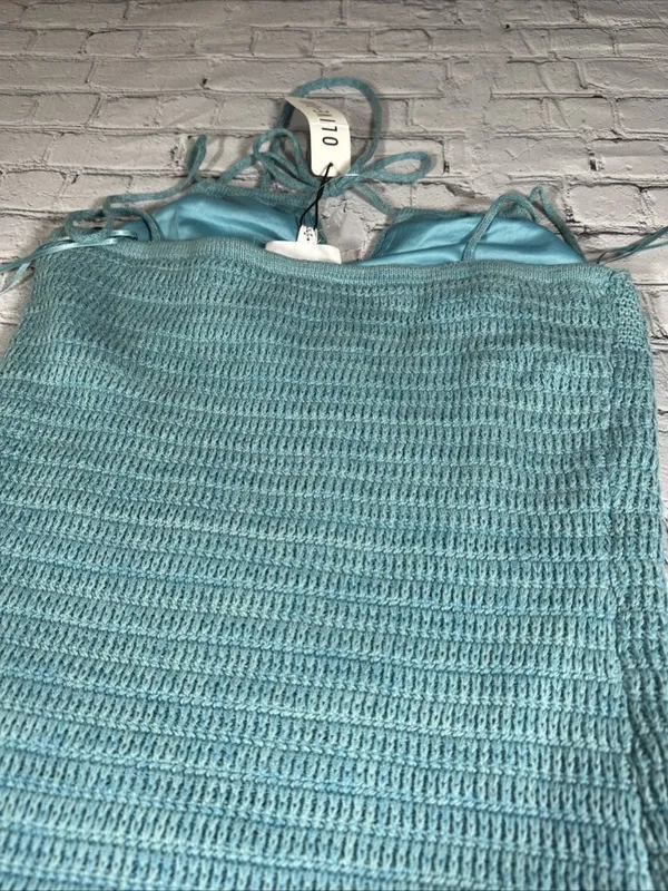 Olive + Oak Sz M Crochet Knit Mini Dress Marled Turquoise Tie Front Lined NWT - Image 15