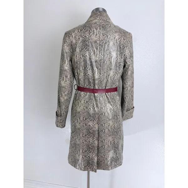 Gallery Trench Coat Gray Faux Snakeskin Print Button Front Burgundy Belted M - Image 2