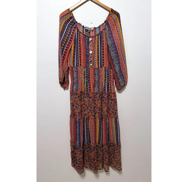 Figueroa & Flower Midi Dress Sz XL Smocked Tiered Floral Striped Boho Peasant - Image 2