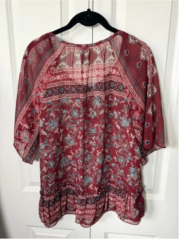 Knox Rose Blouse M Red/Maroon Blue Floral Peasant Top EUC - Image 2