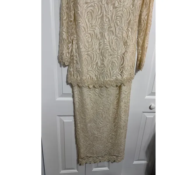 Vintage Maxi‎ Dress Lace Beaded Cream Elegant Evening Gown 80s 90s OS - Image 3