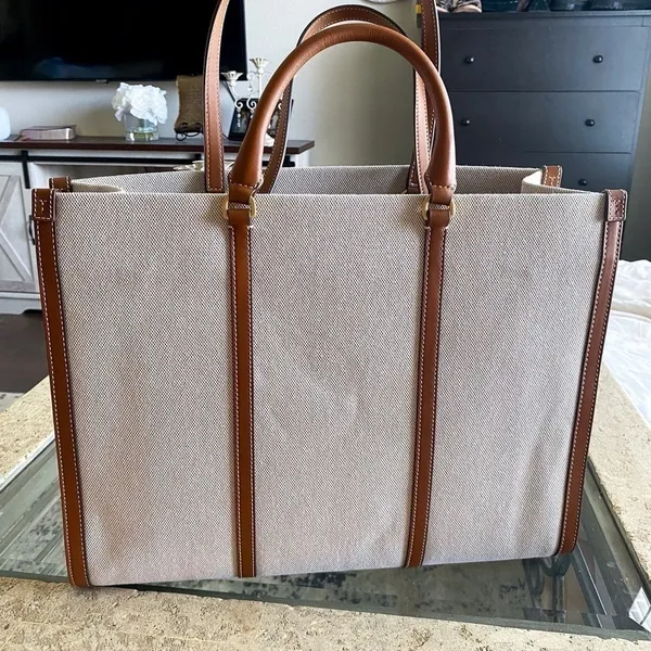Tory Burch Blake Jumbo Tote‎ Bag Canvas Leather Trim Neutral Cream Brown Cuoio - Image 7
