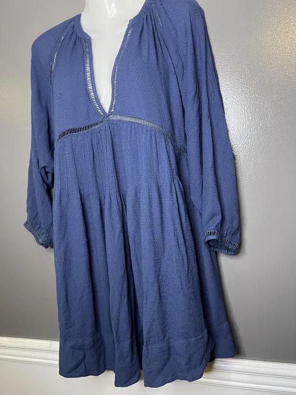 Free People Dress Womens Small Blue Deep V Empire Trapeze Swing Boho Mini - Image 4