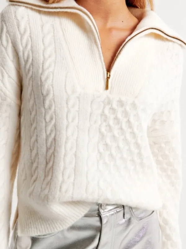 Abercrombie & Fitch Cable Half Zip Pullover Sweater Cream Size Medium - Image 3
